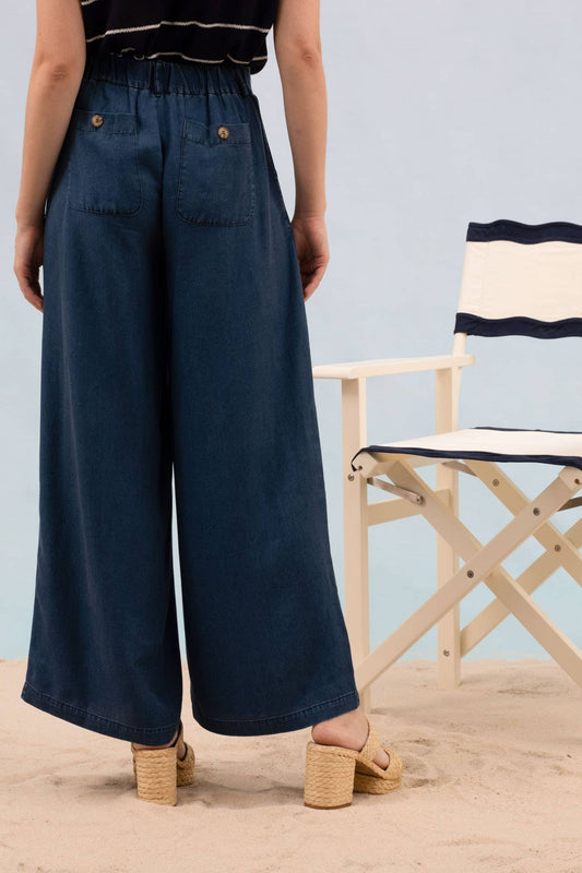 Dark Chambray Pintuck Detail Wide Leg Pant