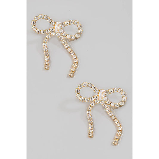 Gold Rhinestone Studded Ribbon Bow Stud Earrings