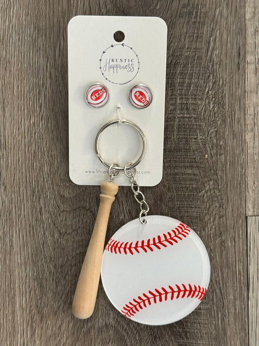 Reds Baseball Glass Stud Earrings and Keychain Set