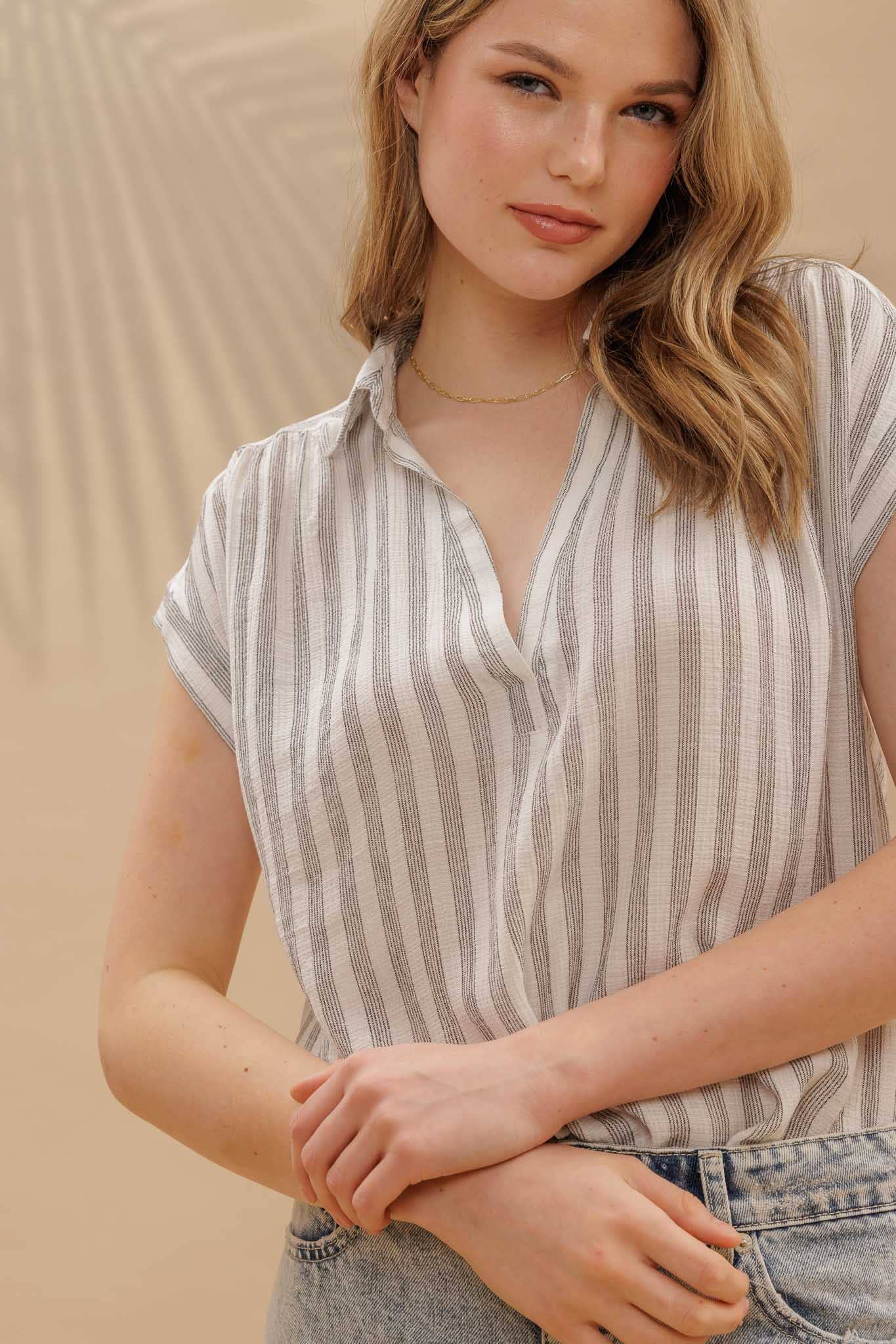 Black & White Stripe Collared Cuff Sleeve Lightweight Shirt