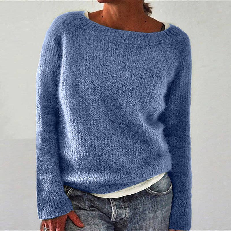 Women's Crew Neck Long Sleeve Solid Knit Pullover Sweater: Gray / S