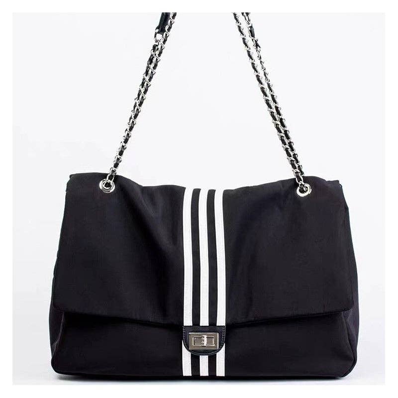 Black Striped Large Chain Tote Bag