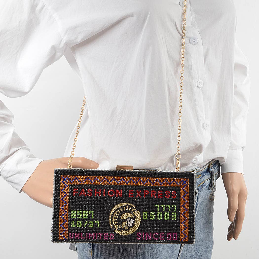Black Rhinestone Credit Card Clutch with Chain Strap