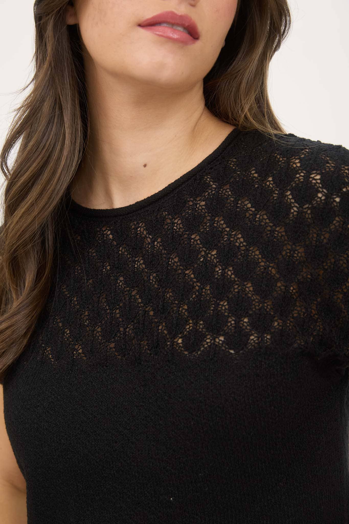 Black Eyelet Yoke Short Sleeve Sweater