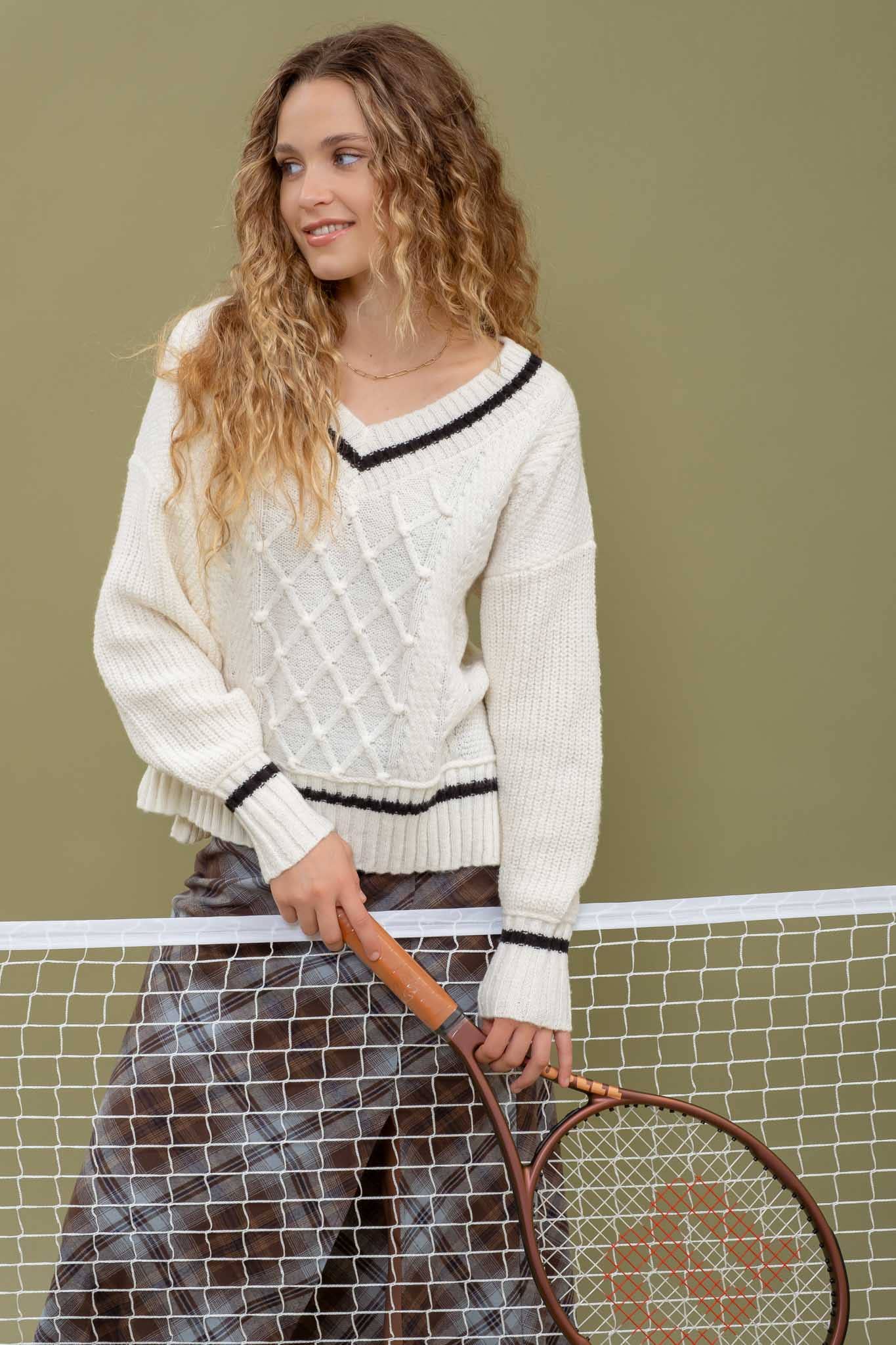 Ivory V Neck Cable Knit Preppy Sweater