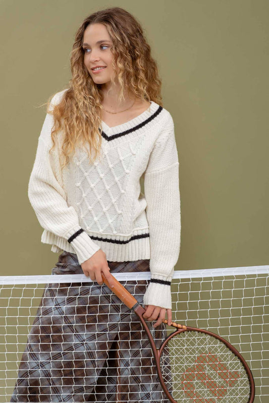 Ivory V Neck Cable Knit Preppy Sweater