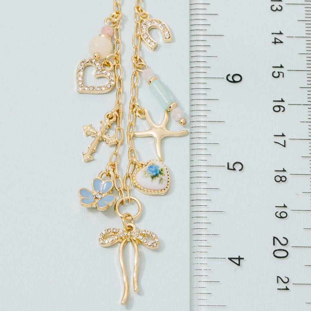 Floral Ceramic Hearts And Bow Mixed Charms Chain Necklace