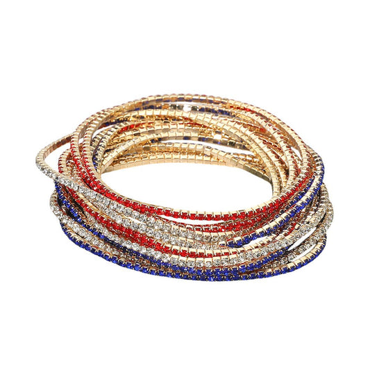 American USA Rhinestone Stretch Multi Layered Bracelet Set