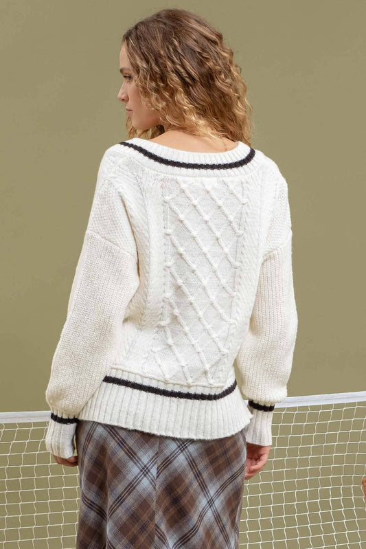 Ivory V Neck Cable Knit Preppy Sweater