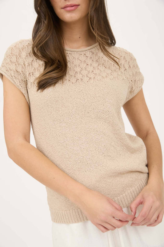 Light Khaki Eyelet Yoke Short Sleeve Sweater