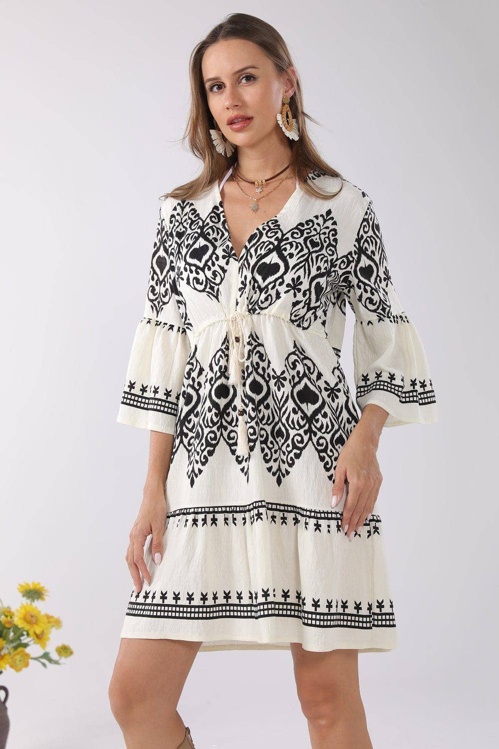 SALE Black & Cream Stormi Mixed Print Cover Up Dress With Tassel Ties