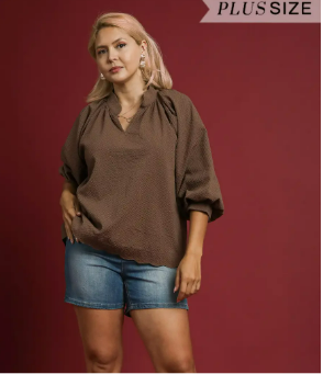 Chocolate Textured Scallop Hem Blouse