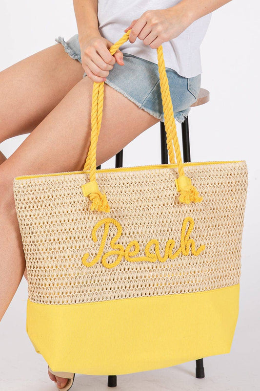 Yellow Sewn Rope Beach Letter Color Straw Tote Bag