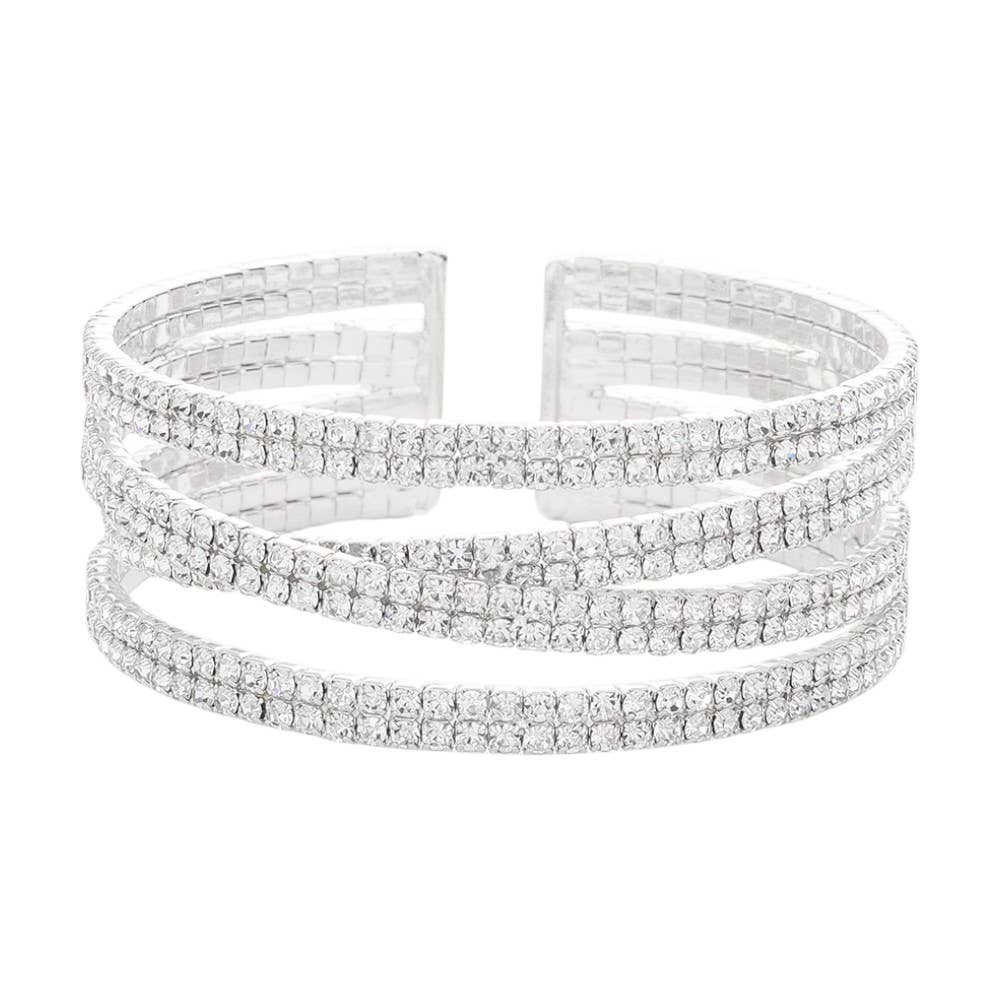 Rhinestone Pave Crisscross Cuff Evening Bracelet: Silver Clear