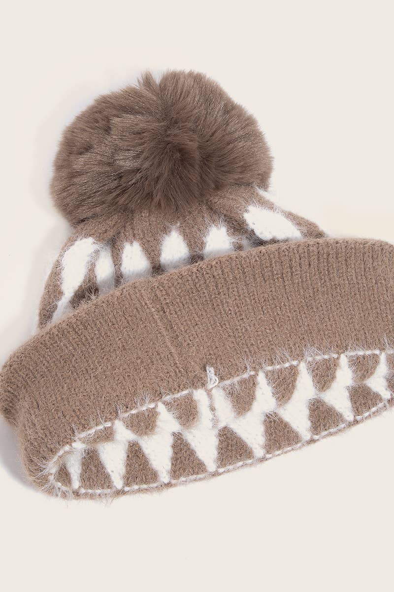 Khaki Abstract Diamond Stripe Knit Pom Winter Beanie