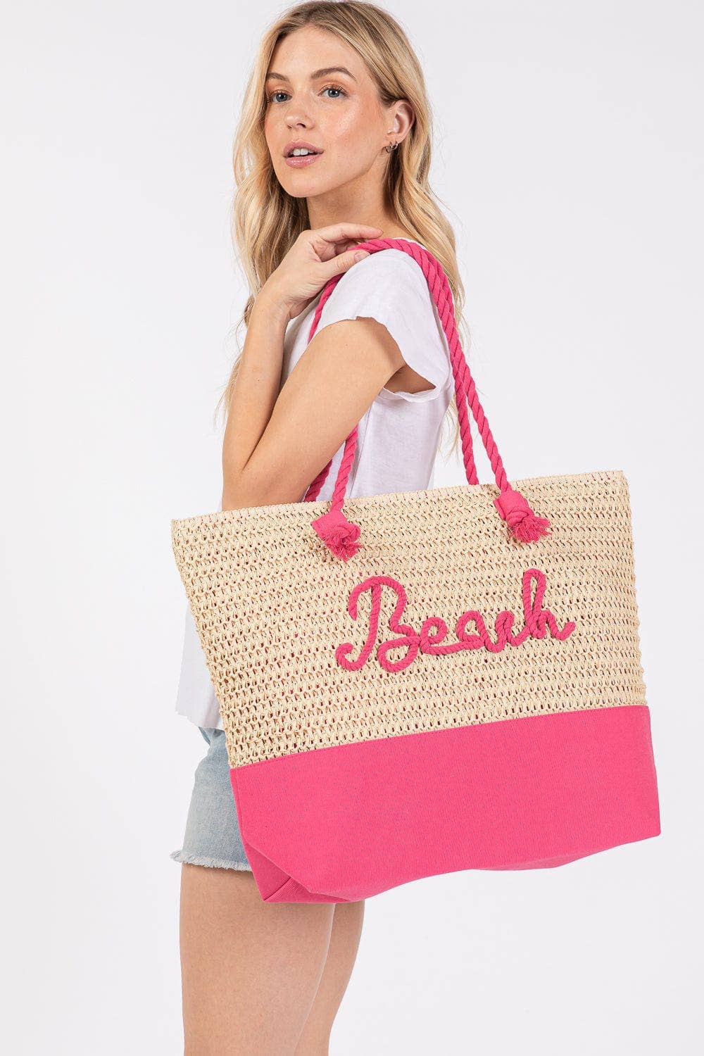 Hot Pink Sewn Rope Beach Letter Color Straw Tote Bag