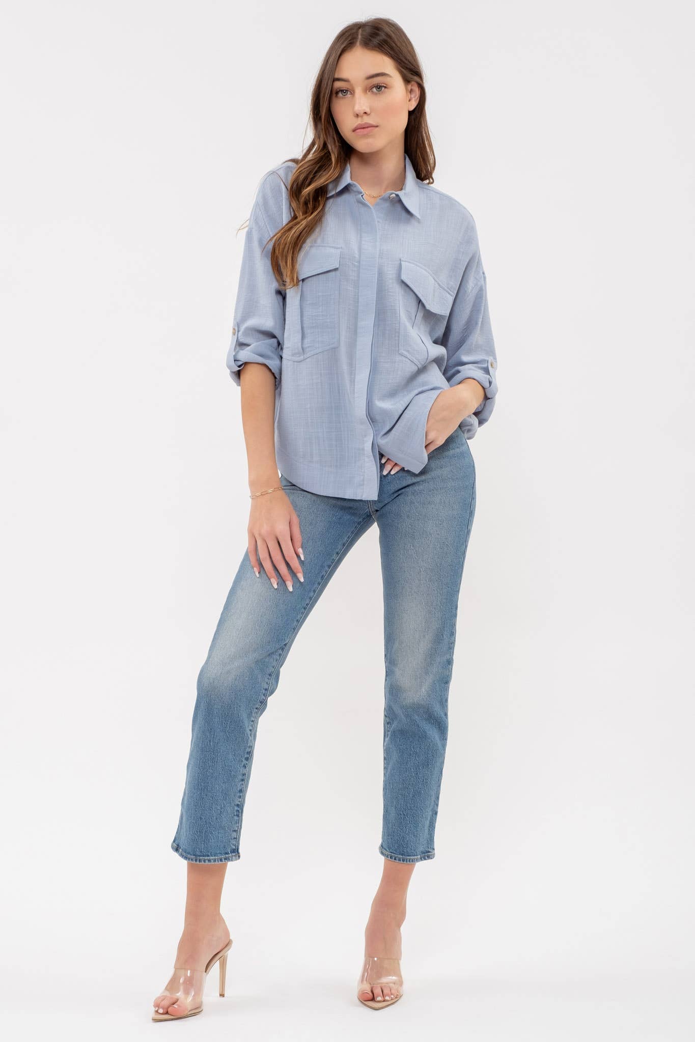 Blue Collared Button Down 3/4 Sleeve Shirt