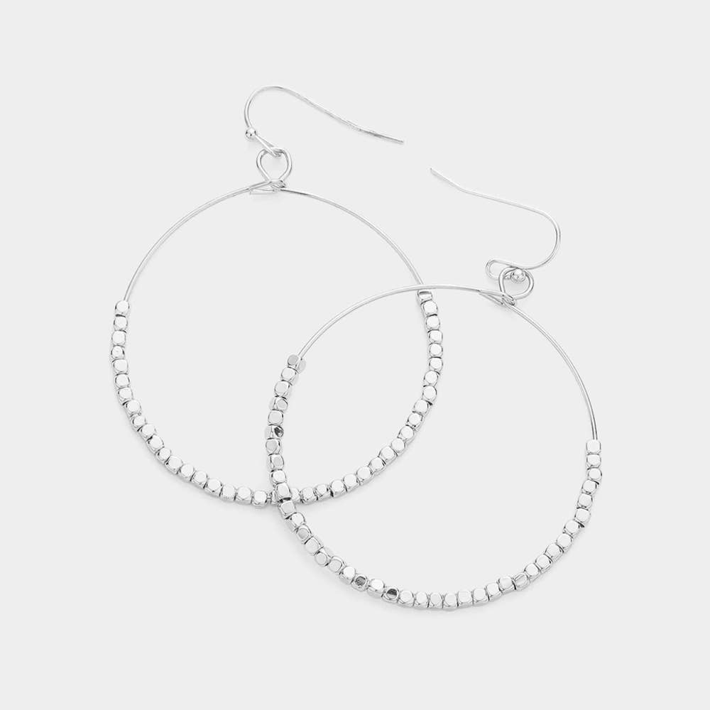 Silver Metal Cube Beaded Open Circle Dangle Earrings
