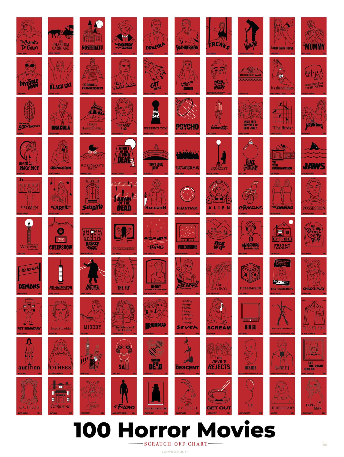 100 Horror Movies Scratch-Off Chart | 12" x 16" Print