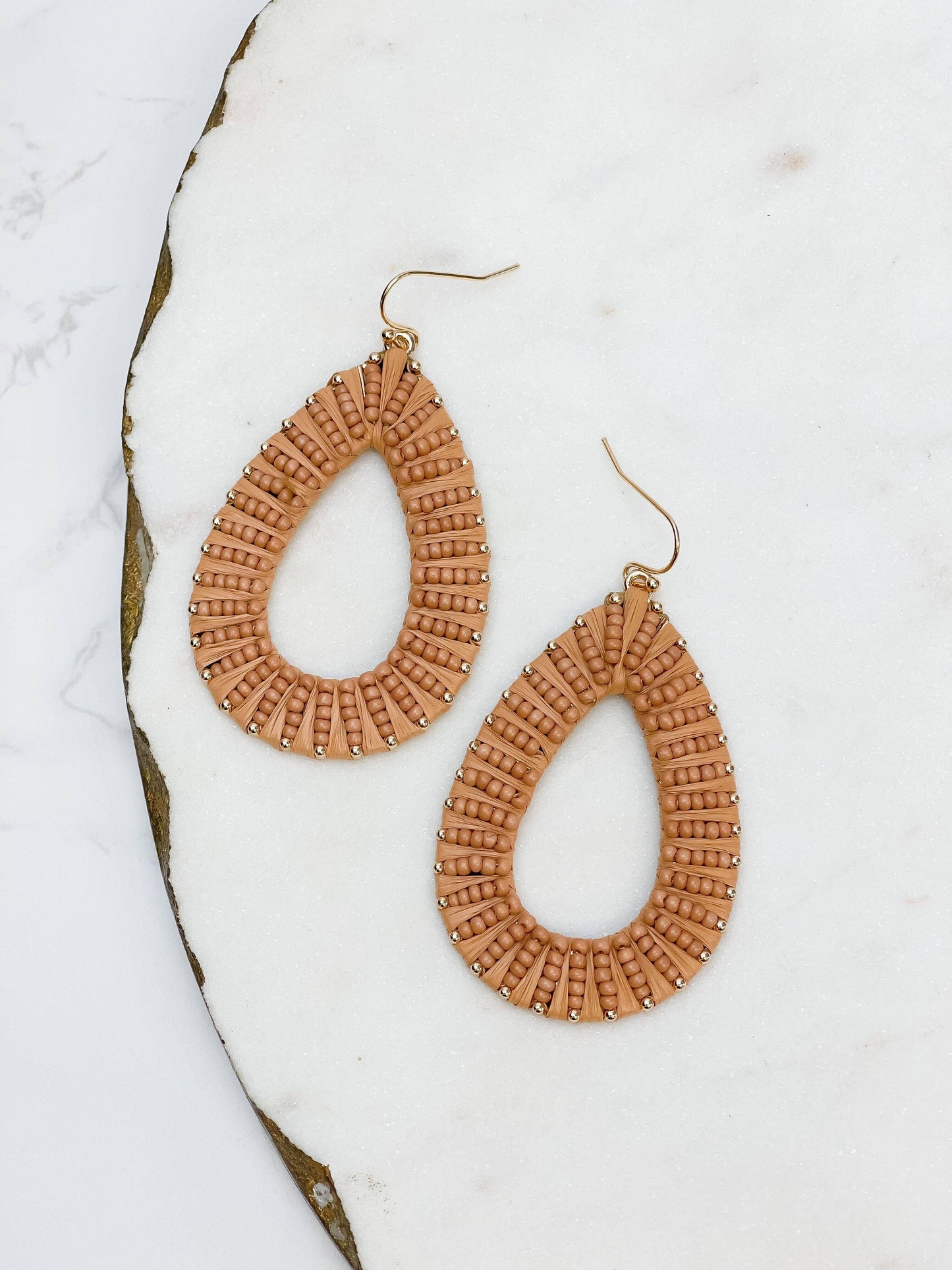 Teal Oval Raffia Beaded Dangle Earrings