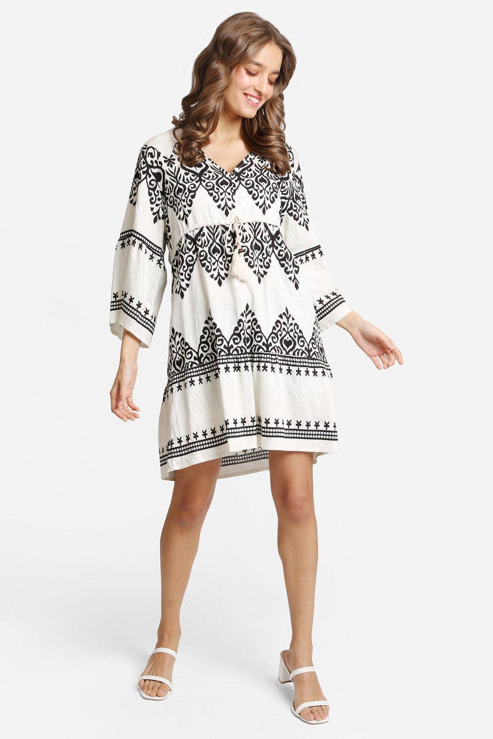 SALE Black & Cream Stormi Mixed Print Cover Up Dress With Tassel Ties