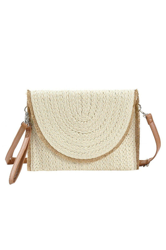 Frayed Trim Straw Women's Crossbody Bag/Clutch: Beige