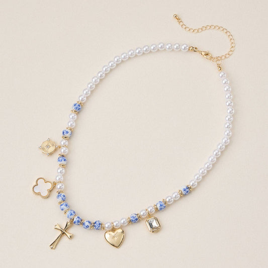 Blue Floral Faith & Love Pearl Ceramic Mixed Necklace