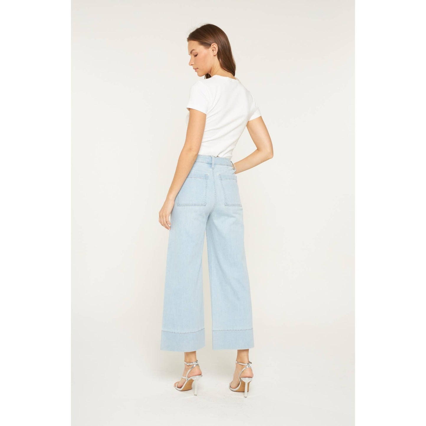 Mica Denim High Rise Cropped Wide Leg Patch Pocket: Blue Grey