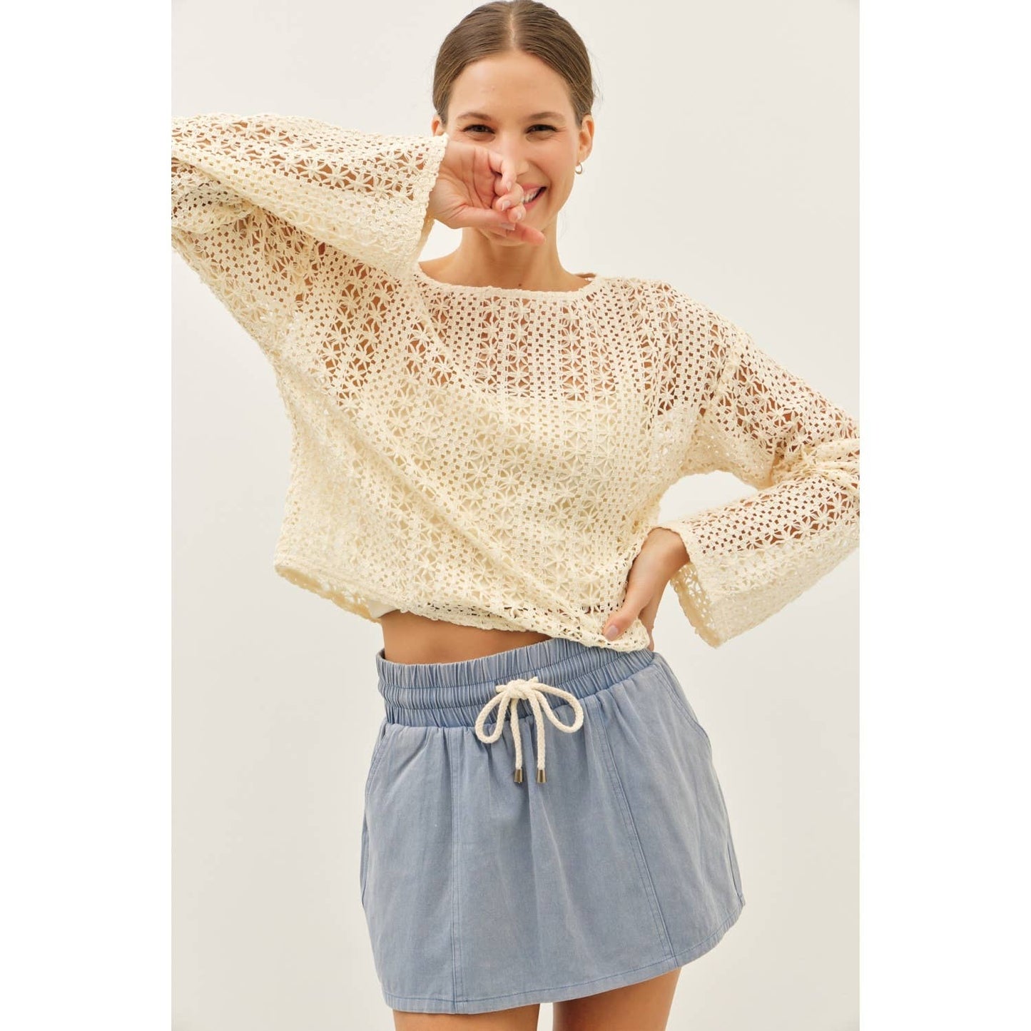 Cream Sheer Floral Crochet Top With Bell Sleeves