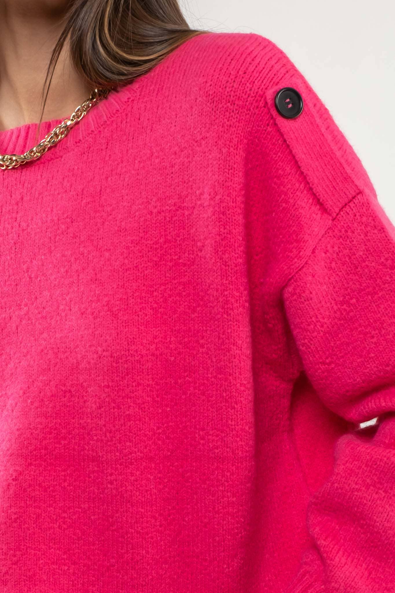 Fuchsia Button Tab Shoulder Pullover Sweater