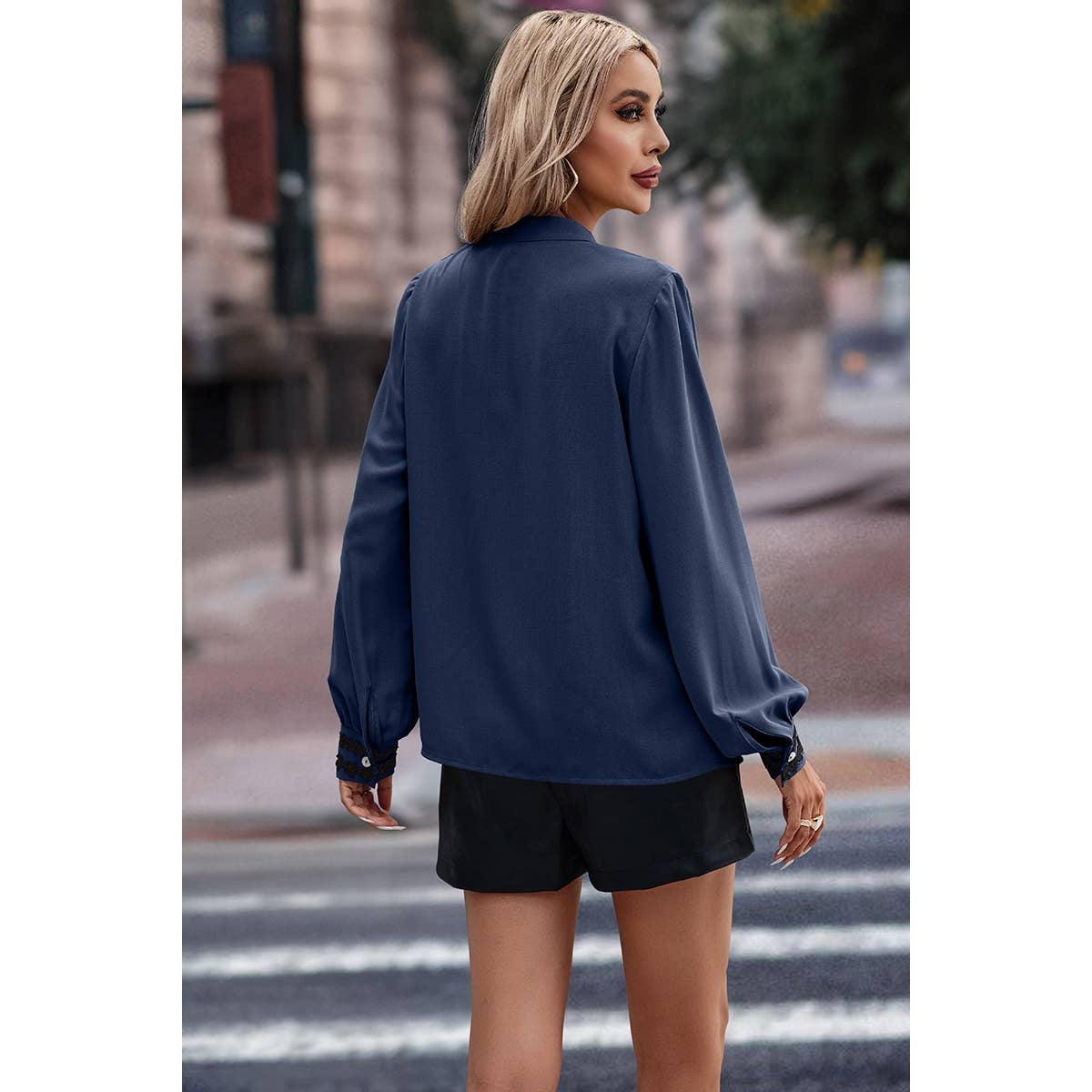 SALE Twin Floral Lace Details With Button Blouse: Navy