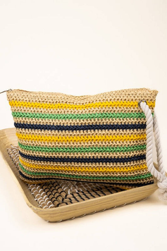 Rope Handle Striped Crochet Pouch: Green Multi