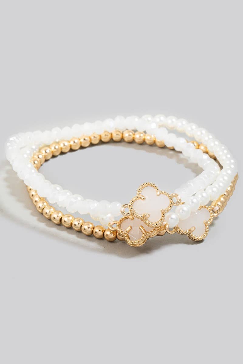 Glass Clover Charms Pearl And Metallic Beaded Bracelet Set
