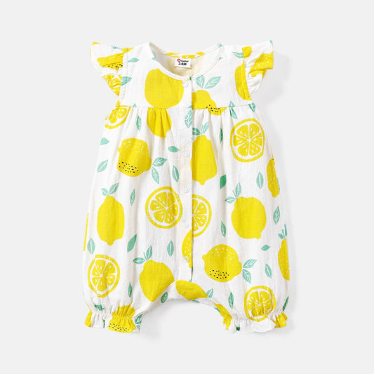 Baby Girl Allover Lemon Flutter-sleeve Romper