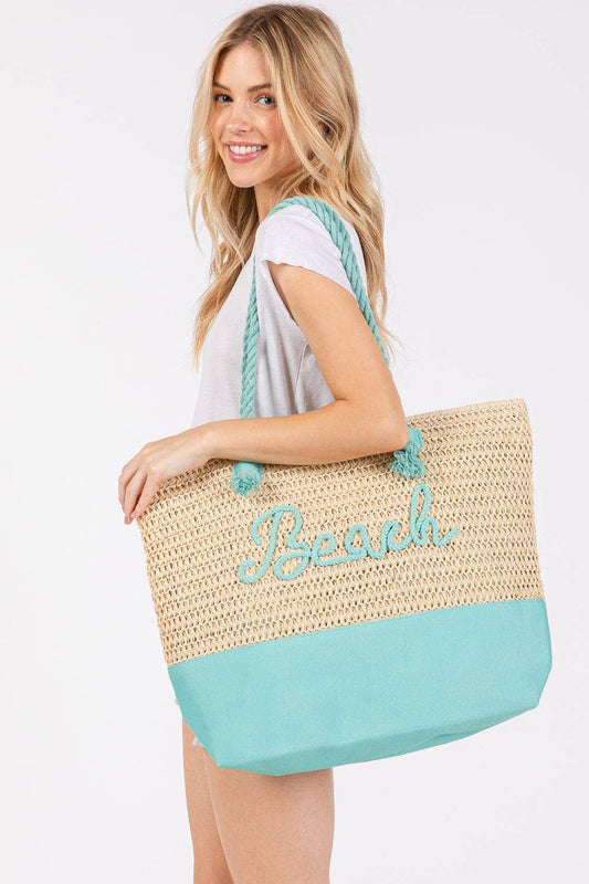 Light Blue Sewn Rope Beach Letter Color Straw Tote Bag