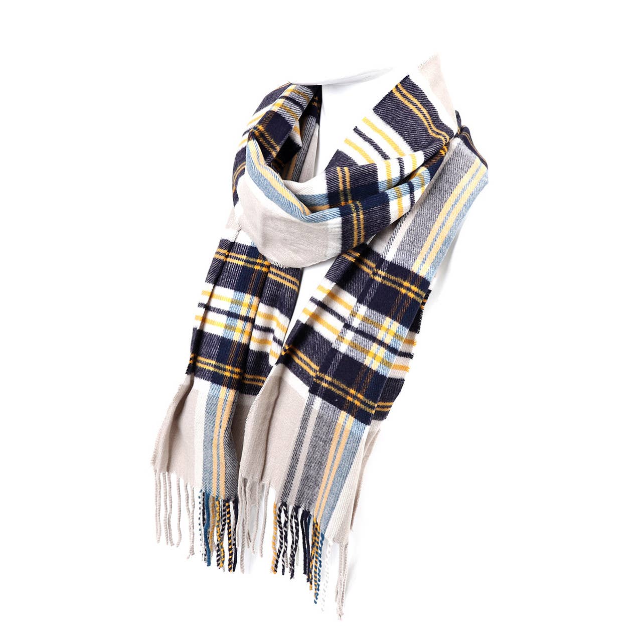 Acrylic Cashmere Feels Winter Scarf:  Navy & Mustard