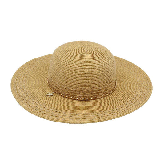 Starfish Charm Sequin band Wide Brim Straw Sun Hat: Tan