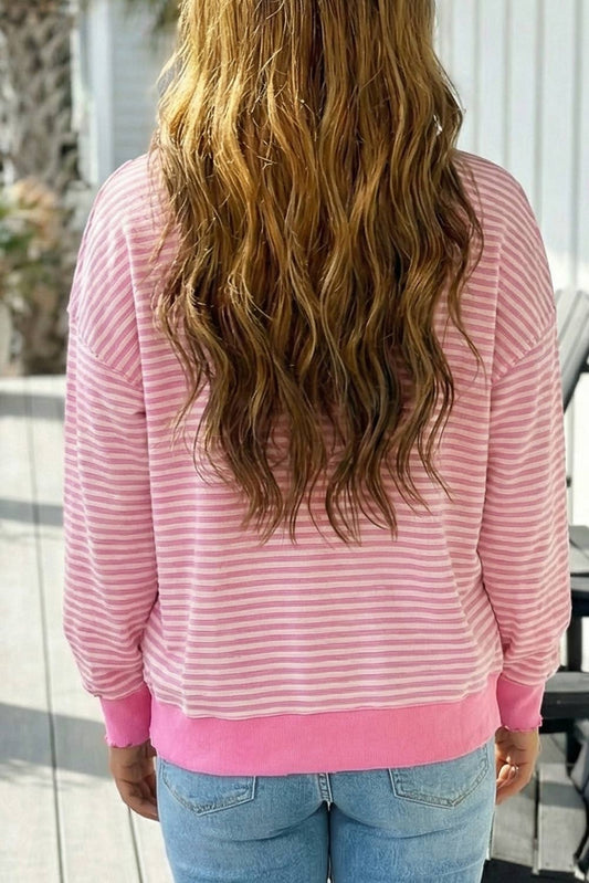 Pink Stripe Loose Drop Shoulder Long Sleeve Top