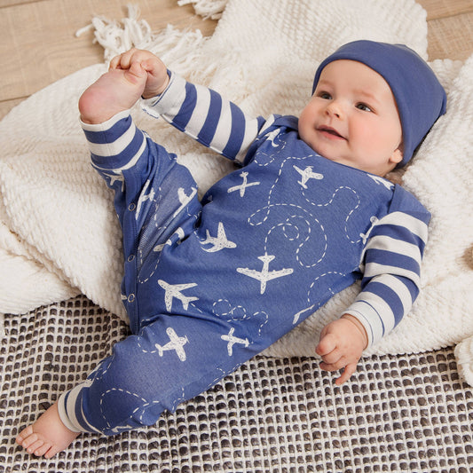Baby Blue Airplanes Cotton Romper