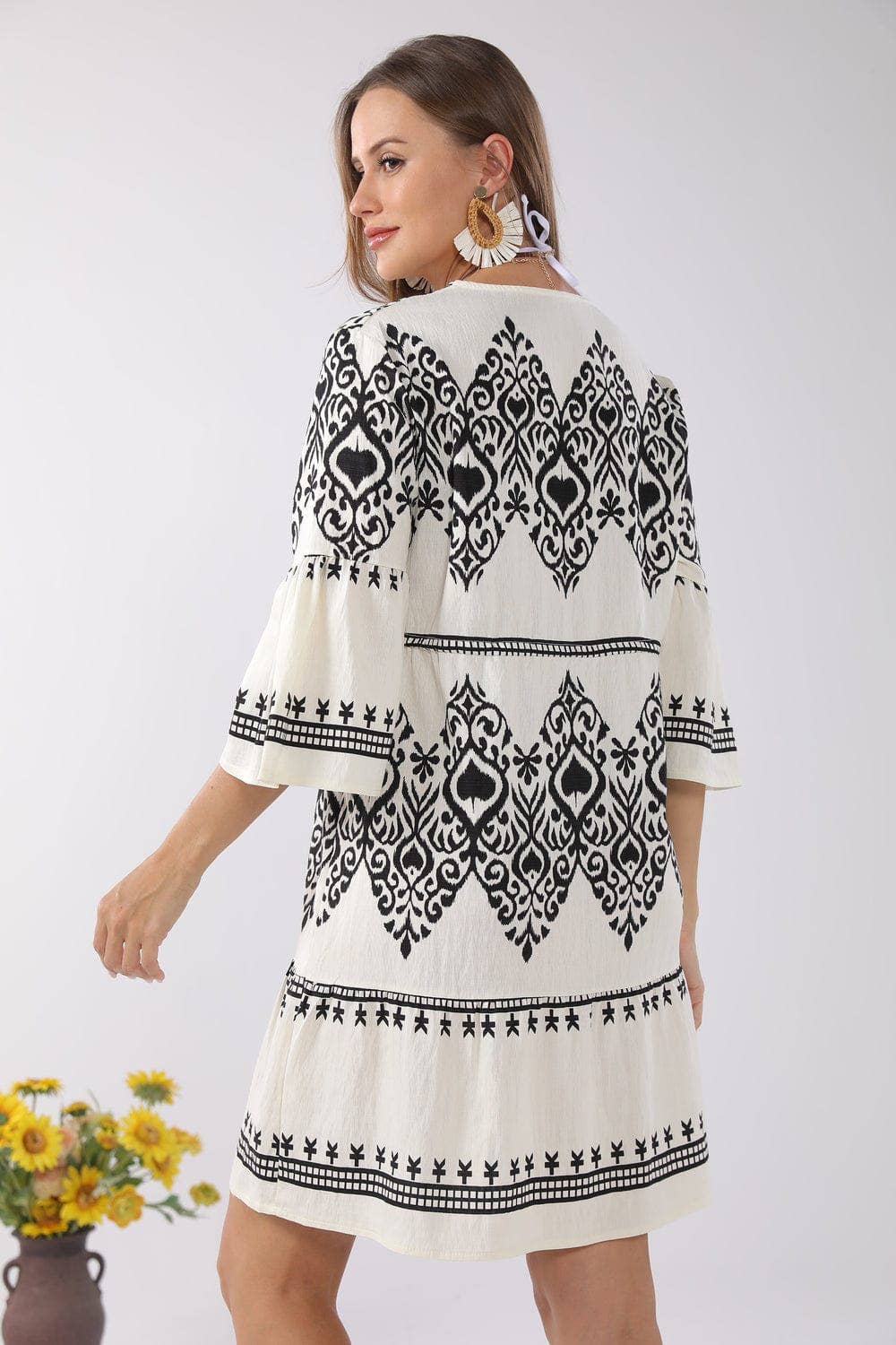 SALE Black & Cream Stormi Mixed Print Cover Up Dress With Tassel Ties