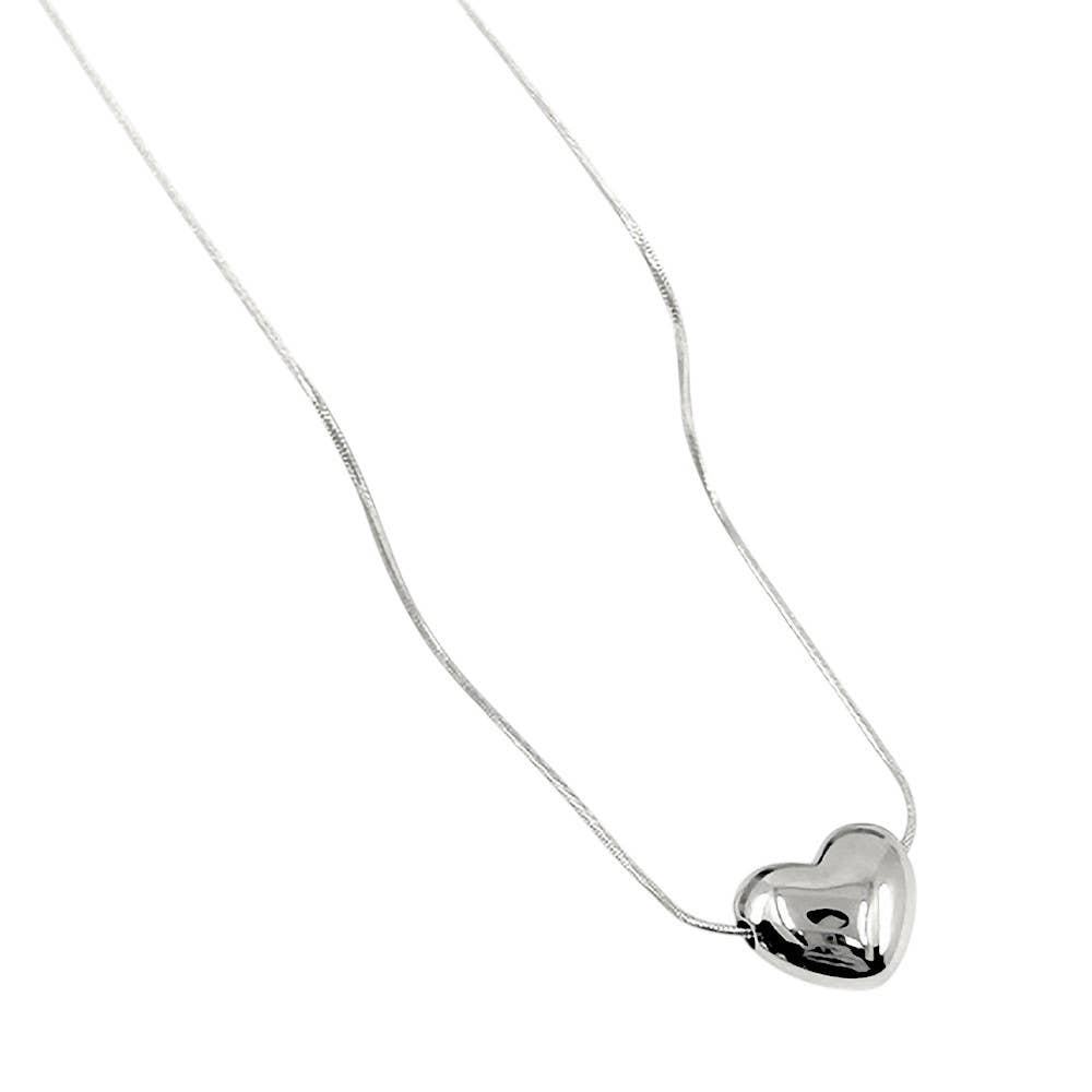 Stainless Steel Puffy Heart Pendant Necklace: Rhodium