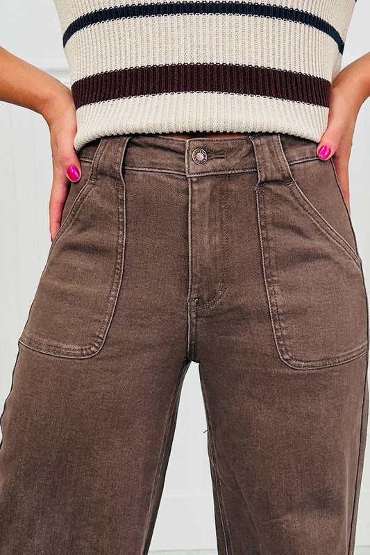 Brown Retro Washed Patch Pocket Loose Jeans