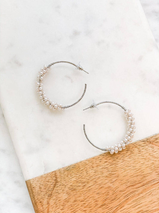 Pearl Cluster Hoop Earrings: Silver