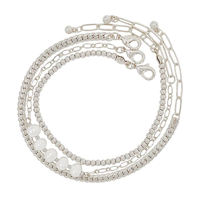 Matte Silver Set of Three Chain and 5 Row Pearl Bracelets