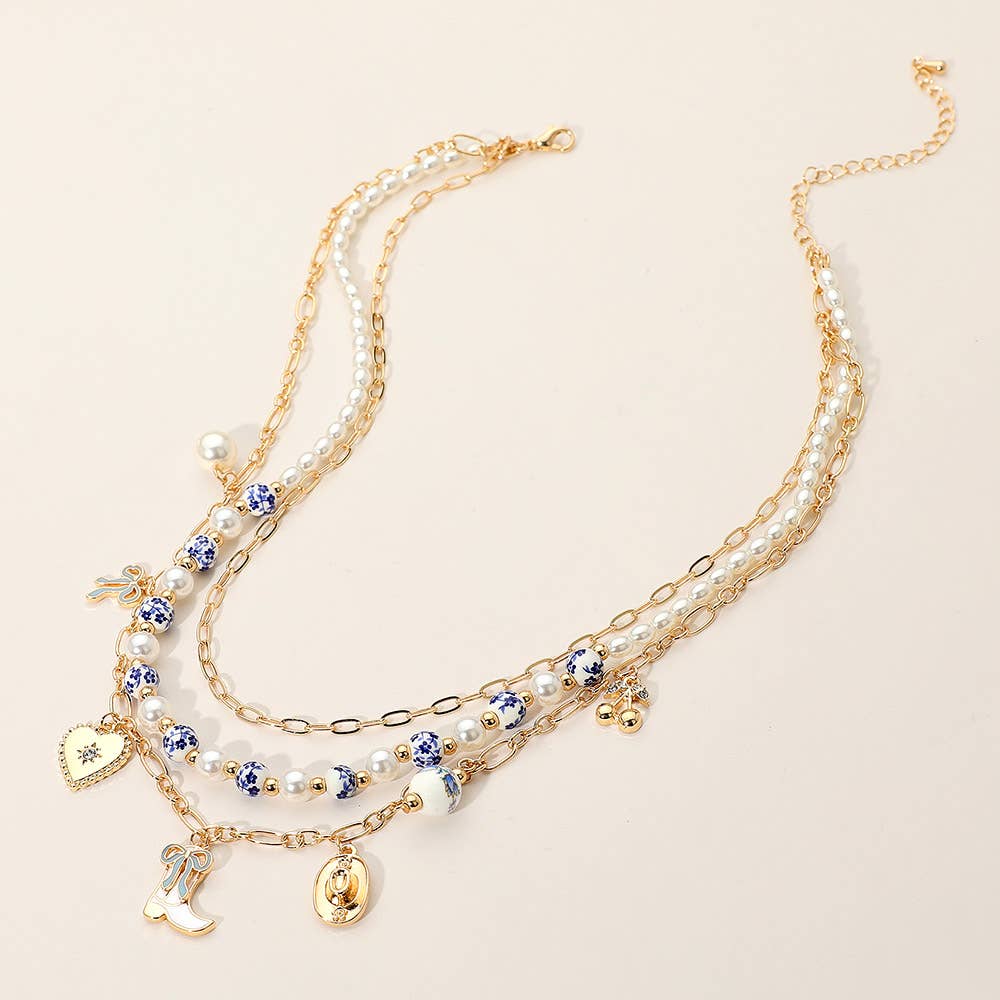 Pearl Floral Ceramic Ball Beaded Layered Necklace