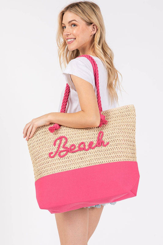 Hot Pink Sewn Rope Beach Letter Color Straw Tote Bag