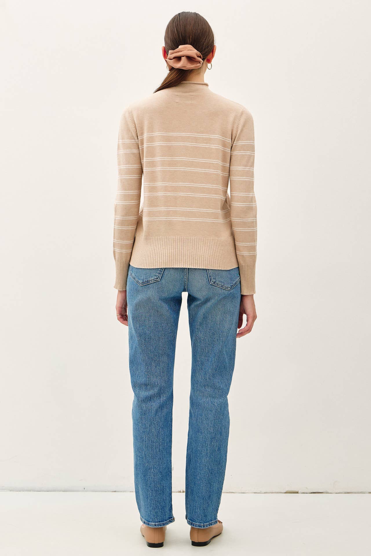 Thin Double Striped Oatmeal Mock Neck Sweater