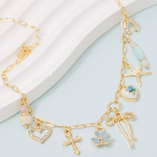 Floral Ceramic Hearts And Bow Mixed Charms Chain Necklace
