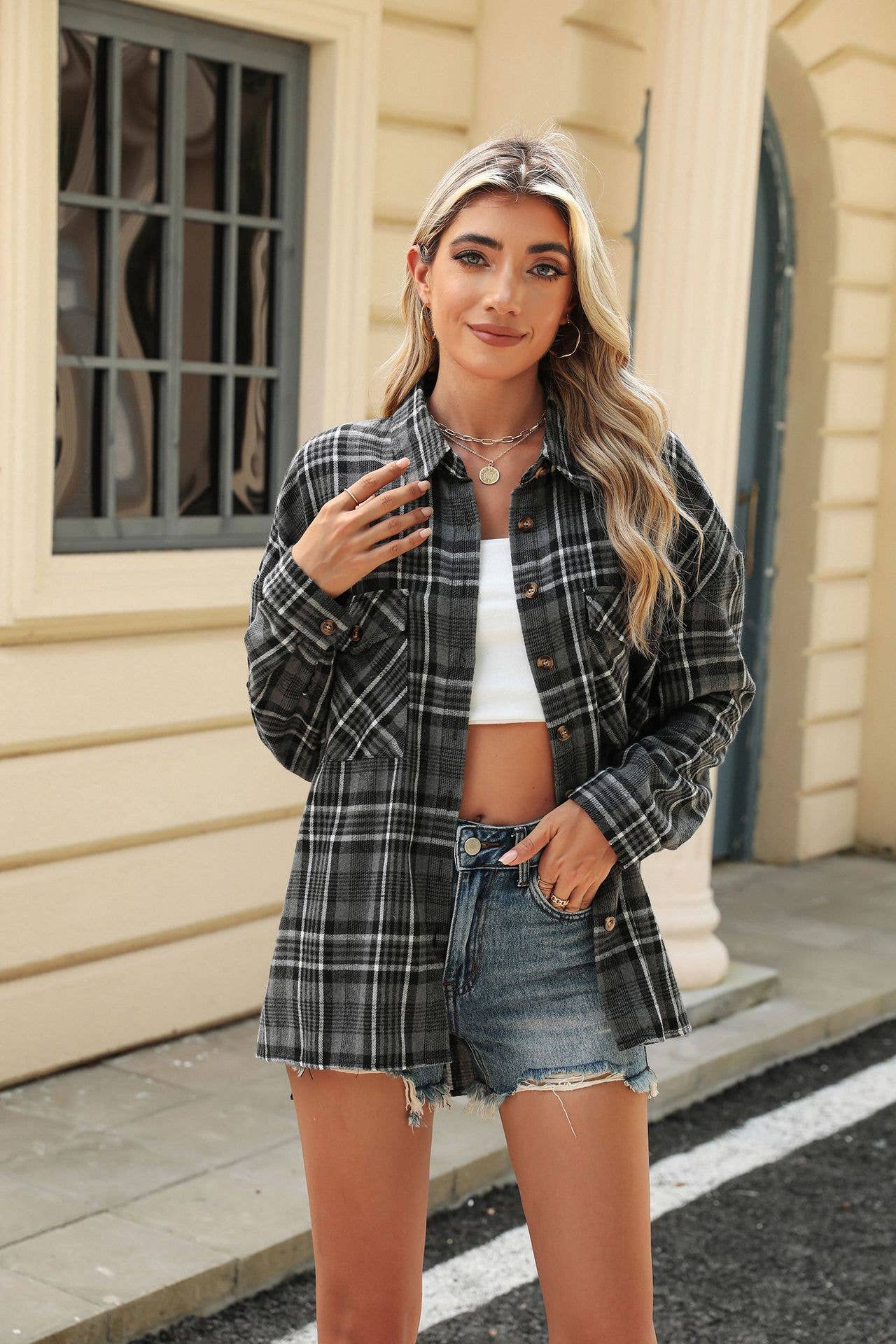 SALE BLack & Gray Plaid Flannel with lapel pocket