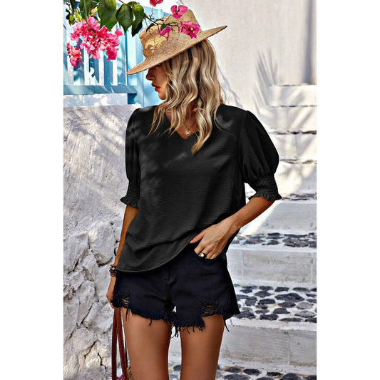 Black V Neck Half Sleeve Chiffon Ruffle Blouse